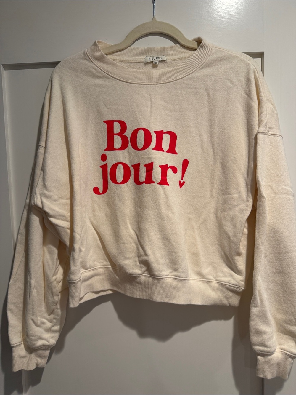Z Supply Cream Crewneck Sweatshirt with Red 'Bon jour!' Print